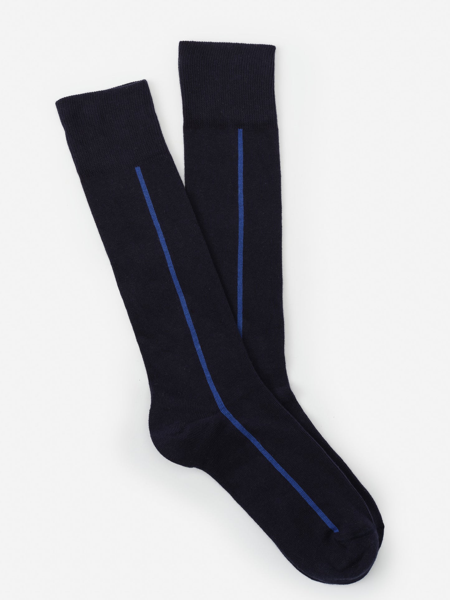 Socks in Line by J.McLaughlin, featuring a navy base with a single slim blue line, combining effortlessly stylish design with innovative fabrics for enduring appeal.
