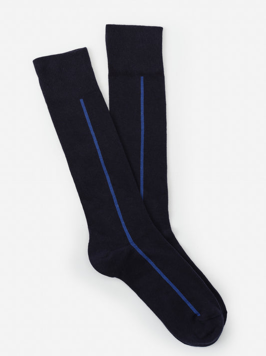 Socks in Line by J.McLaughlin, featuring a navy base with a single slim blue line, combining effortlessly stylish design with innovative fabrics for enduring appeal.