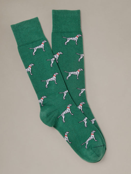 J.McLaughlin Socks in Spotted Companion green cotton socks with playful spotted dog motifs and a whimsical classic design