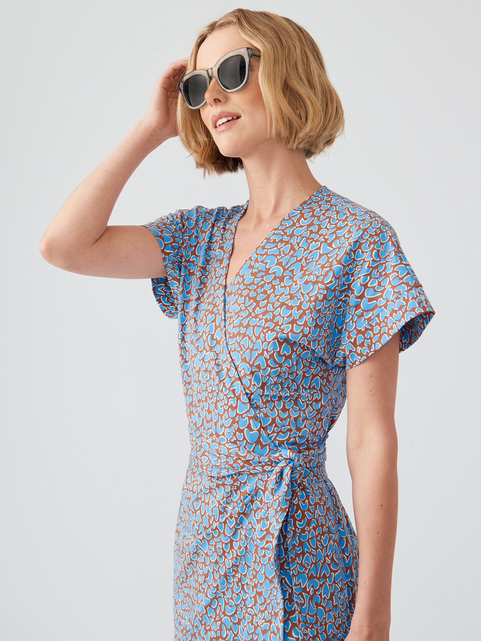 J.McLaughlin Soraya dress in cocoa brown/sky blue made with Catalina cloth.