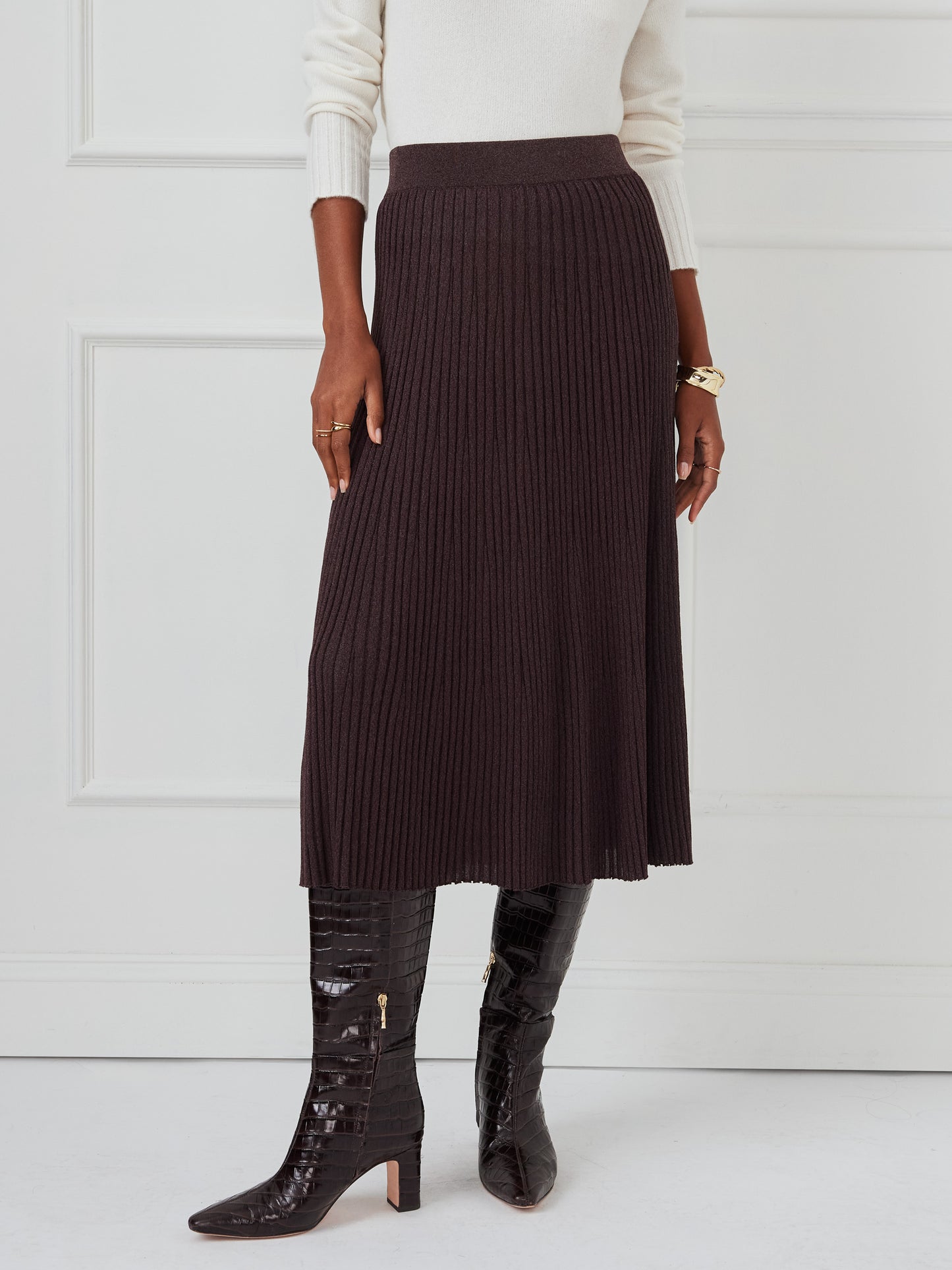 J.McLaughlin Sutton skirt in brown made with viscose/nylon.