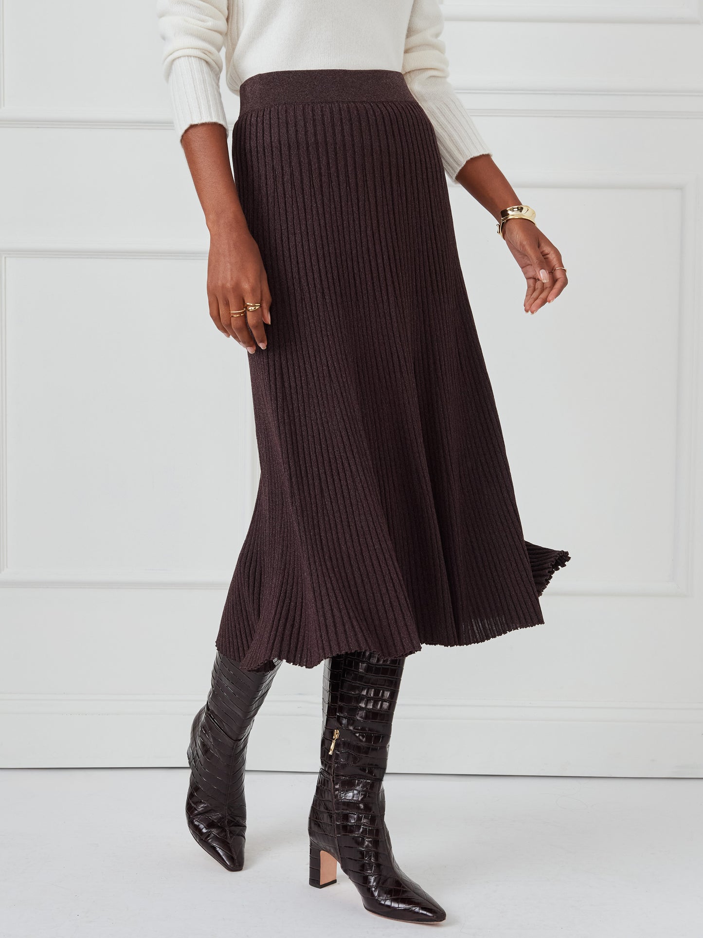 J.McLaughlin Sutton skirt in brown made with viscose/nylon.