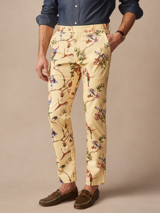Man wearing Madison Fancy Pants in Garden Spectacle by J.McLaughlin, featuring an effortlessly stylish floral and figural print on light fabric, exemplifying enduring designs and innovative fabrics from a legacy of timeless fashion at a destination for defining style. Life, Well-Lived.