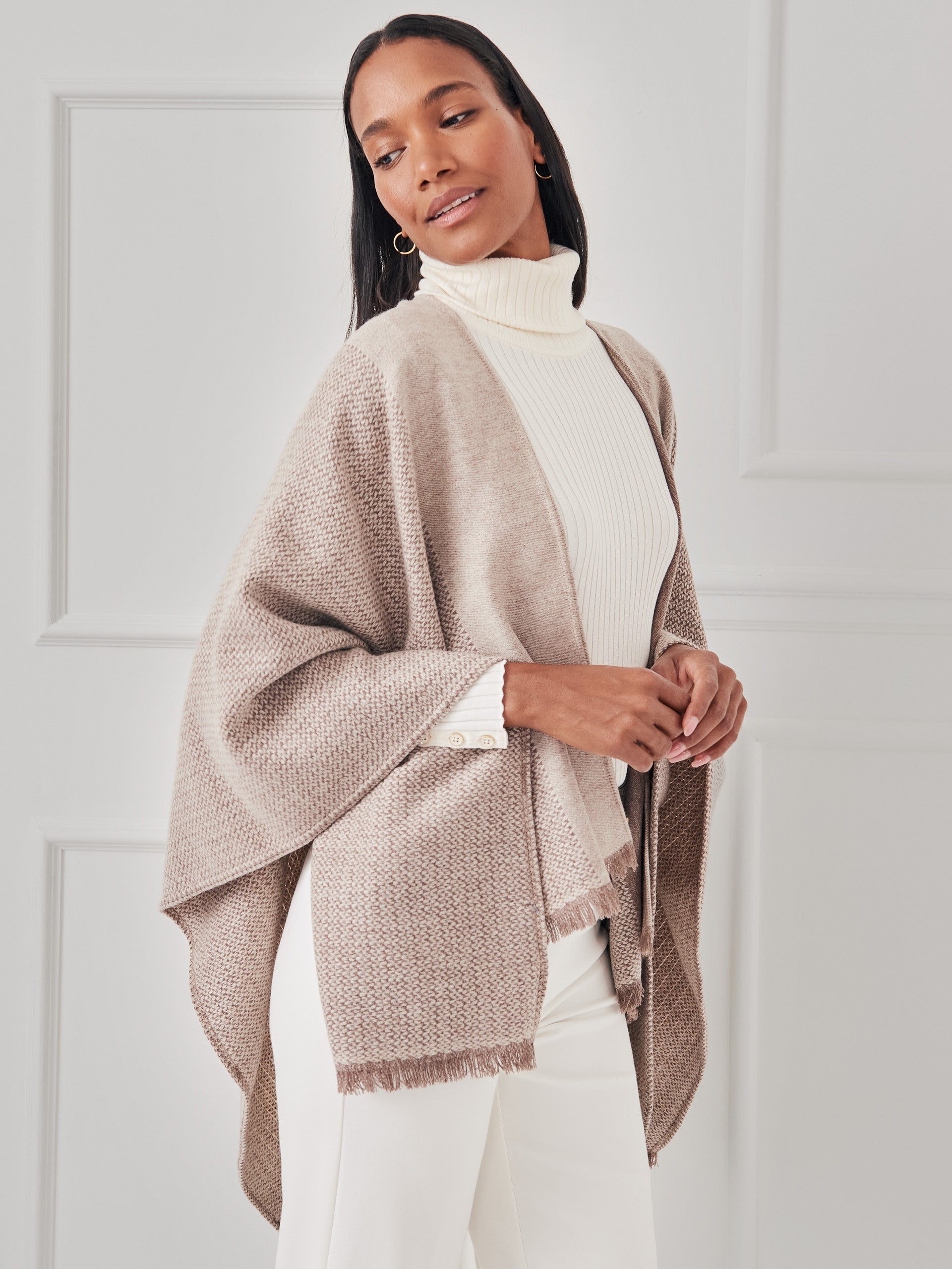 J.McLaughlin Sydney wrap in taupe made with wool.