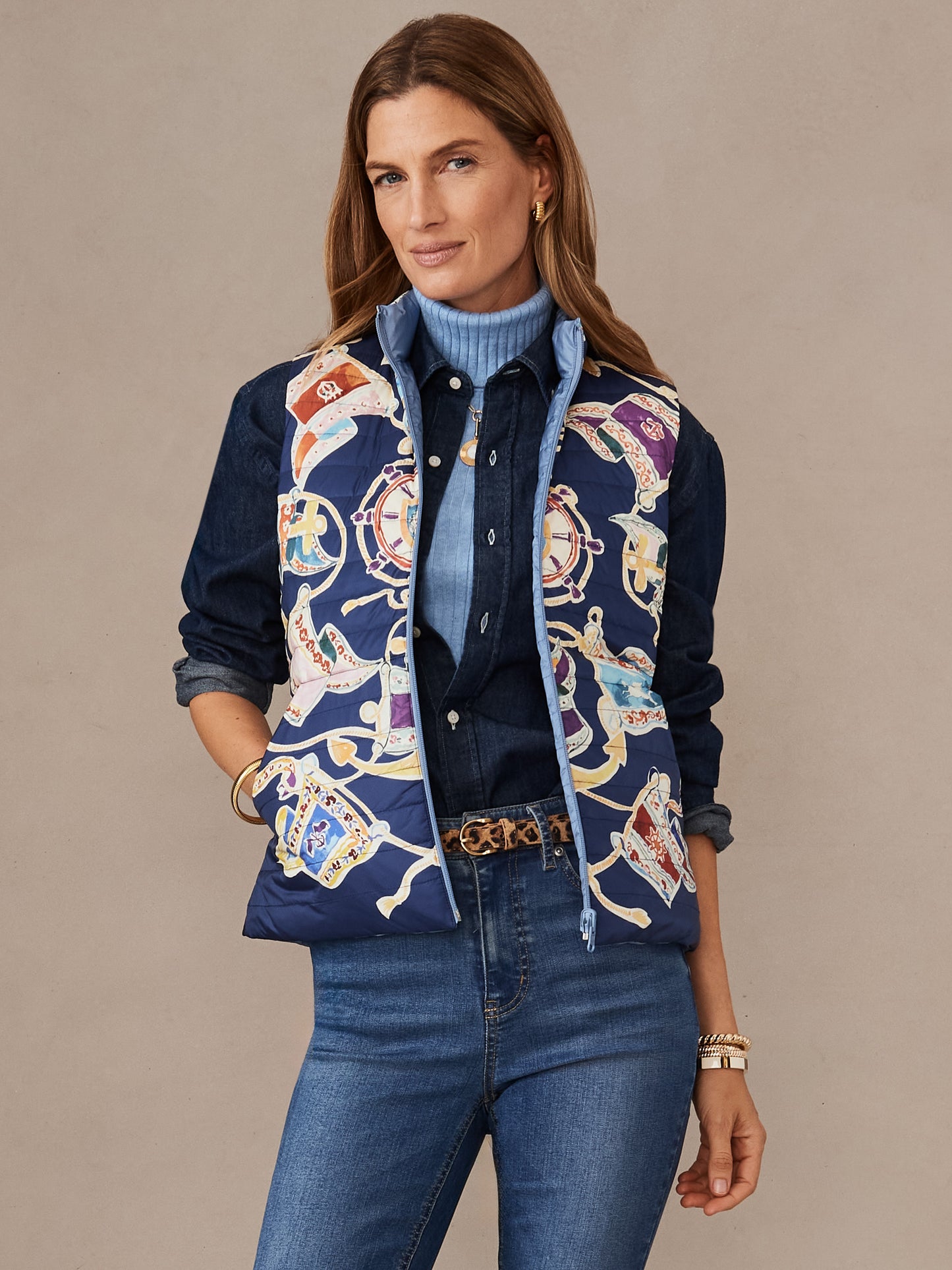 J.McLaughlin Tahoe vest in navy/multi made with nylon.