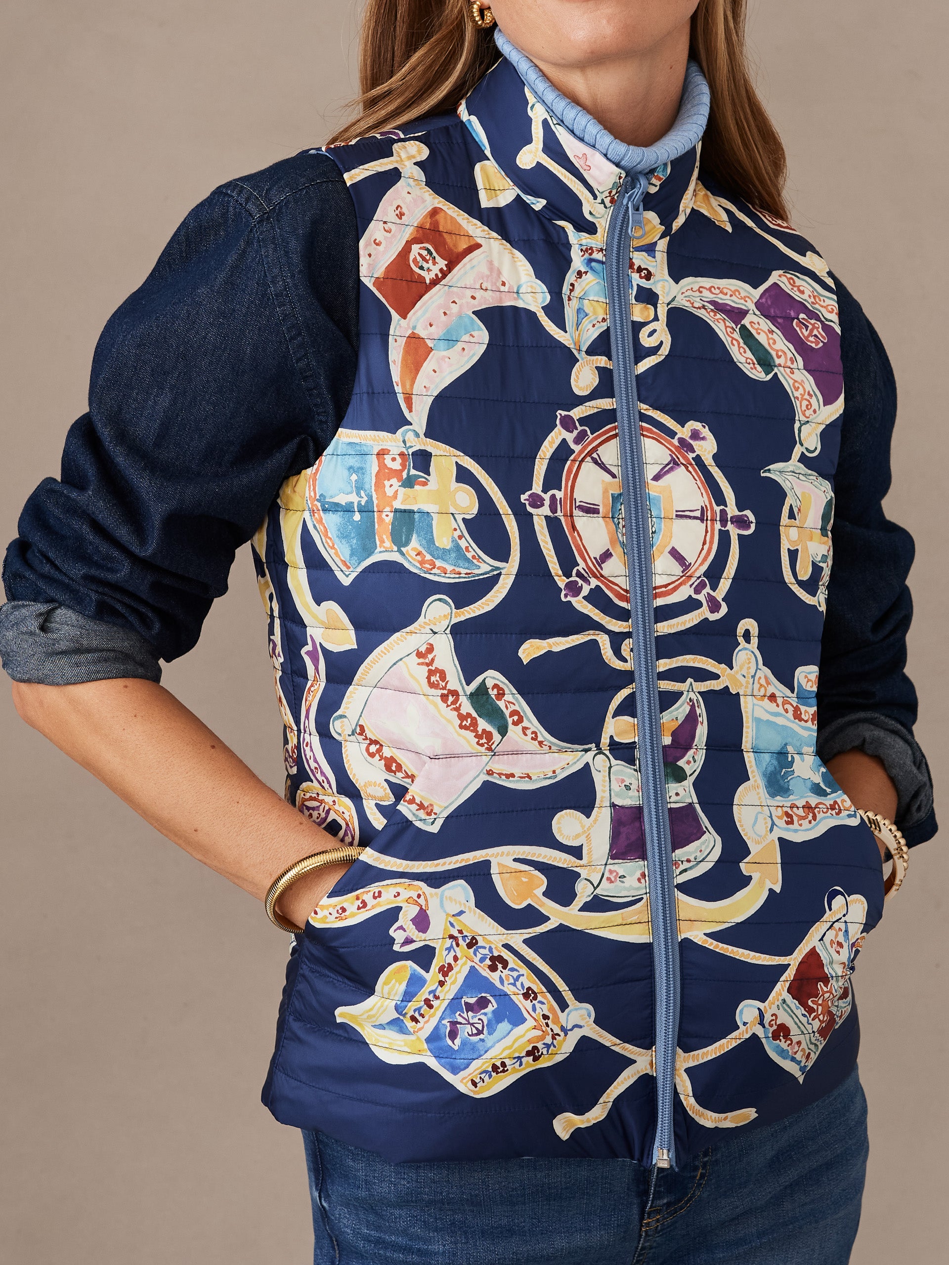 J.McLaughlin Tahoe vest in navy/multi made with nylon.