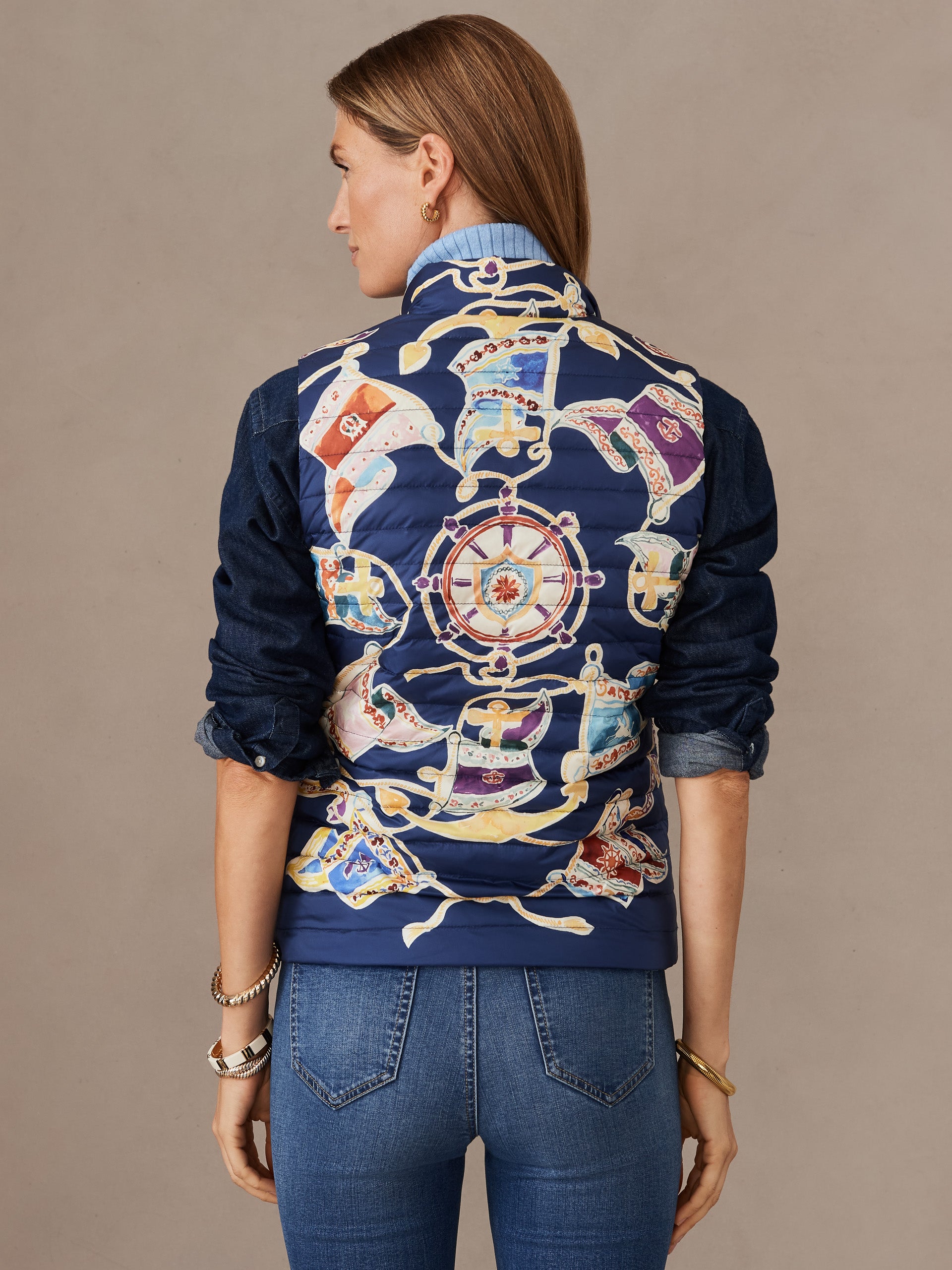 J.McLaughlin Tahoe vest in navy/multi made with nylon.