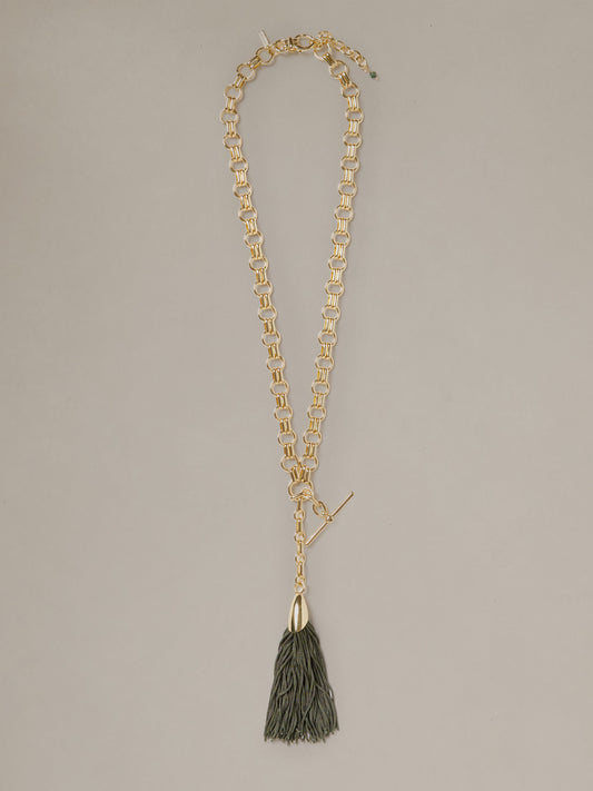 J.McLaughlin Tassel Toggle Necklace with a gold chain toggle closure and elegant dark tassel pendant for effortlessly stylish everyday wear