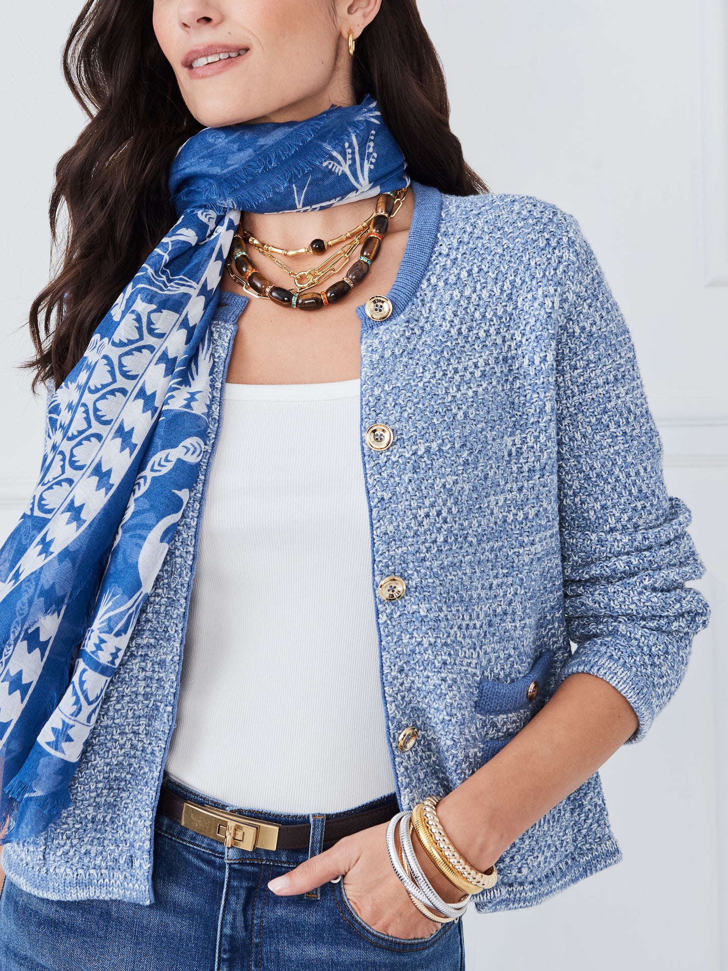 J.McLaughlin Giselle scarf in dark blue/white made with modal and silk.