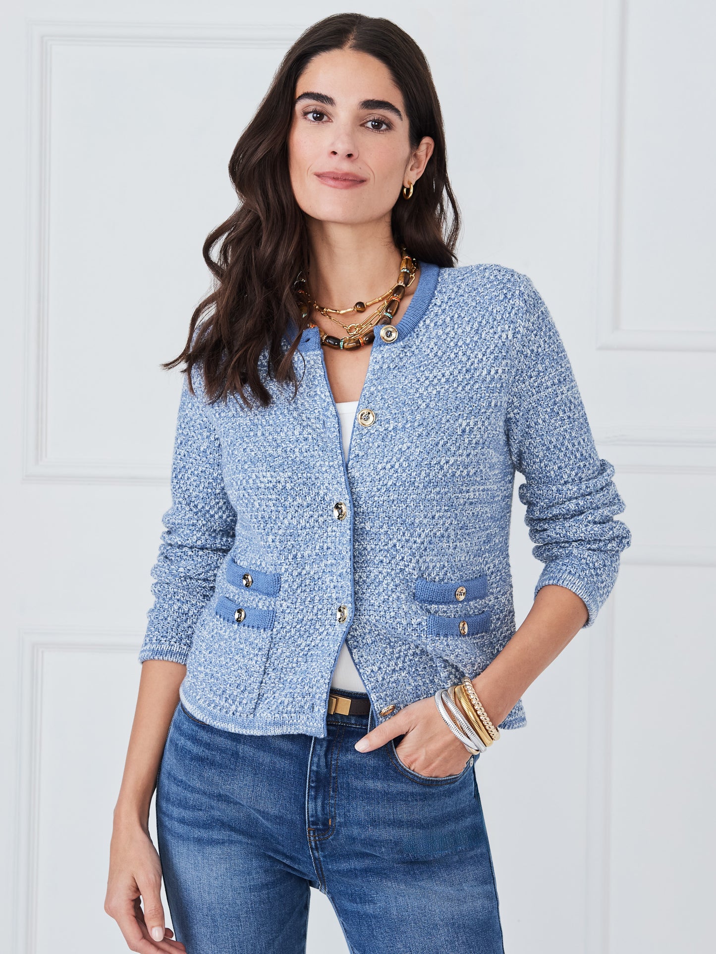 J.McLaughlin Thayer sweater in denim/off white made with cotton. 