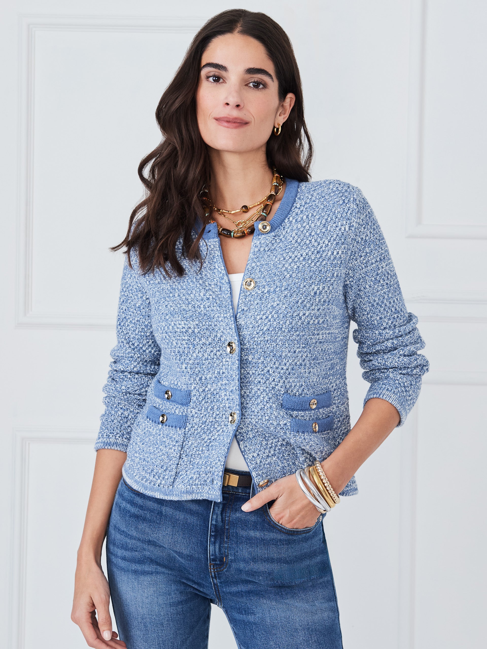 J.McLaughlin Thayer sweater in denim/off white made with cotton. 