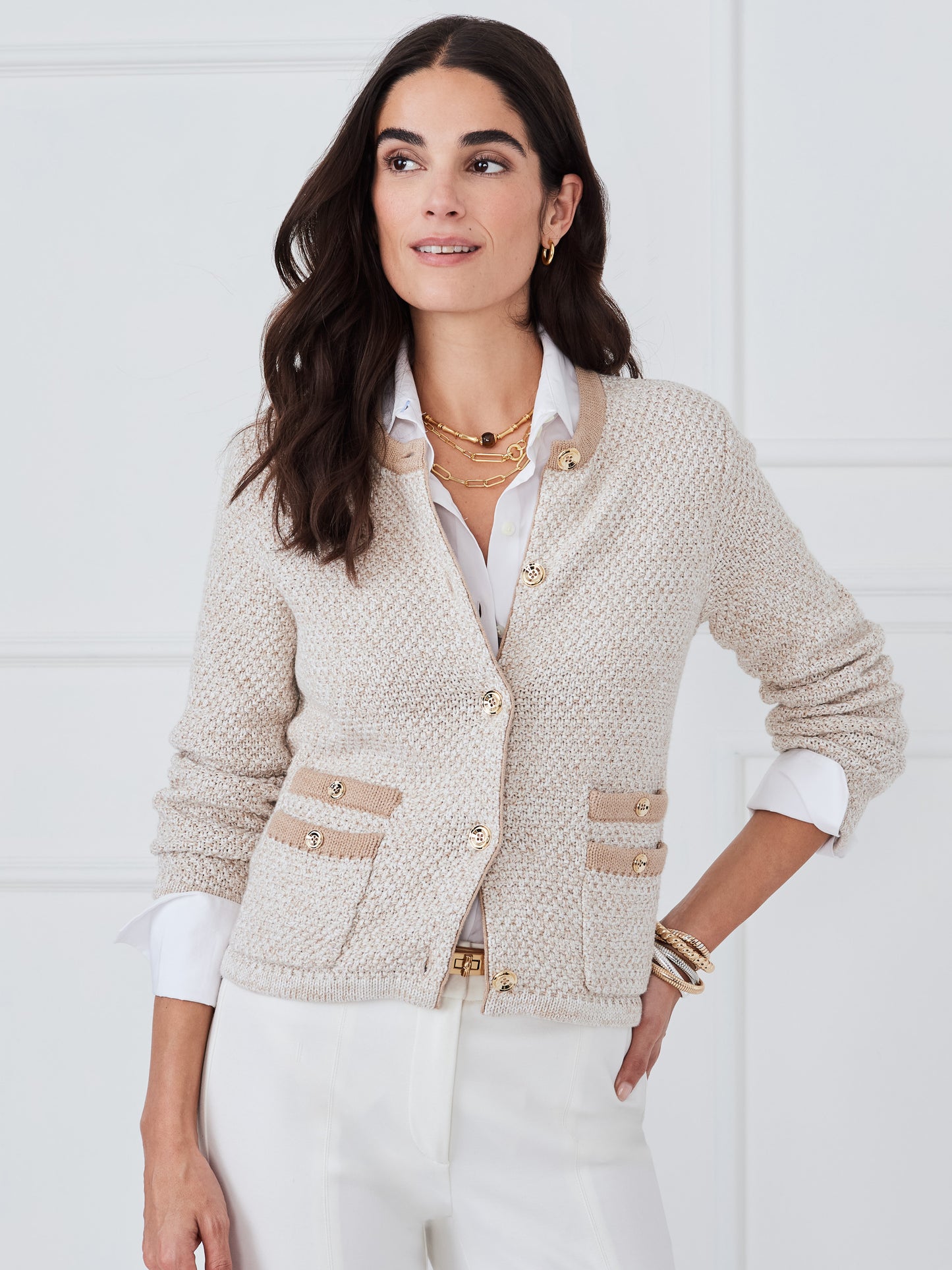 J.McLaughlin Thayer sweater in khaki/off white made with cotton. 