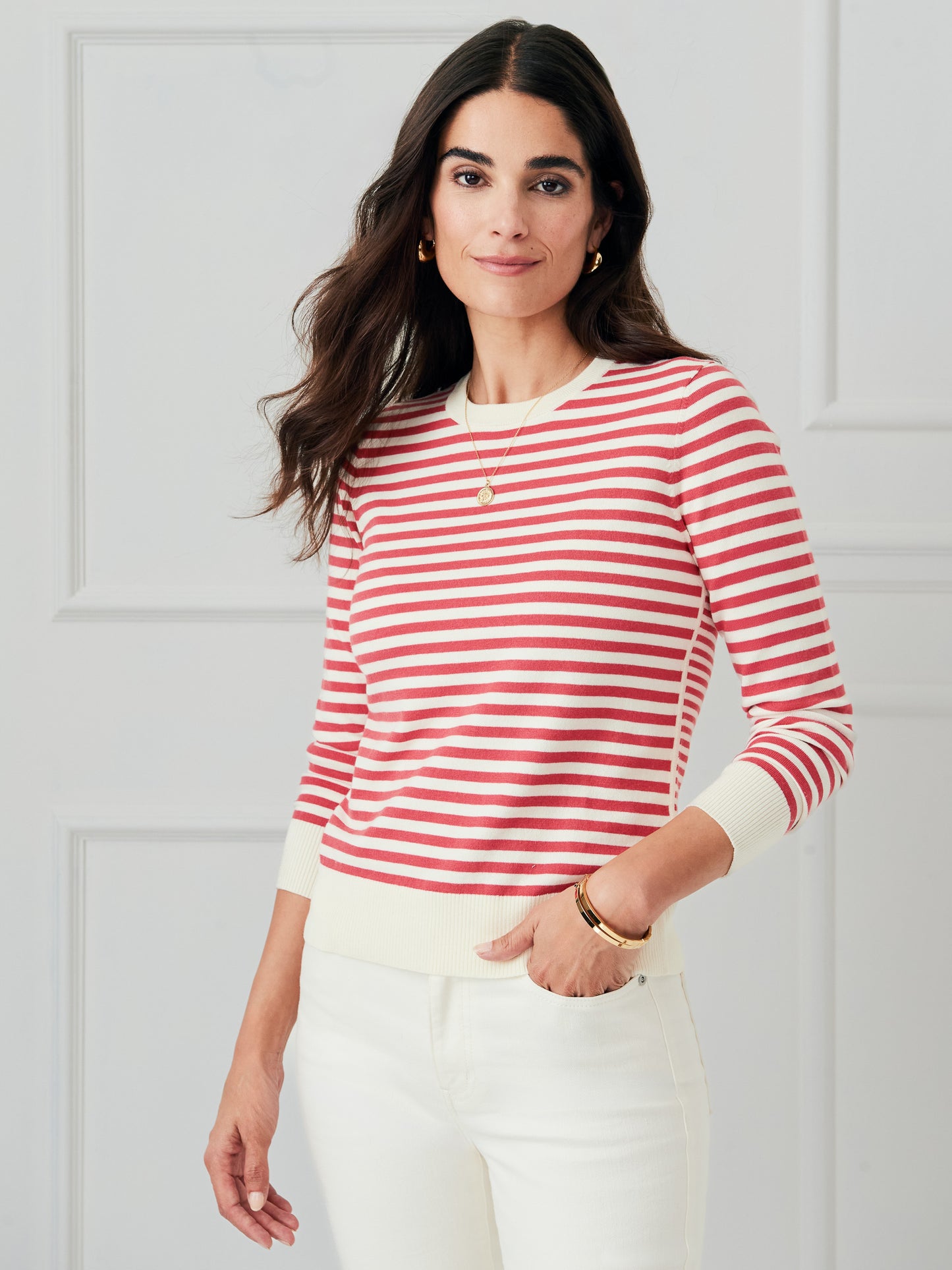 J.McLaughlin Tierney sweater in maple/off white made with cotton/modal. 
