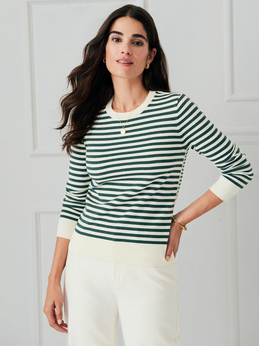 J.McLaughlin Tierney sweater in off white/dark green made with cotton/modal.