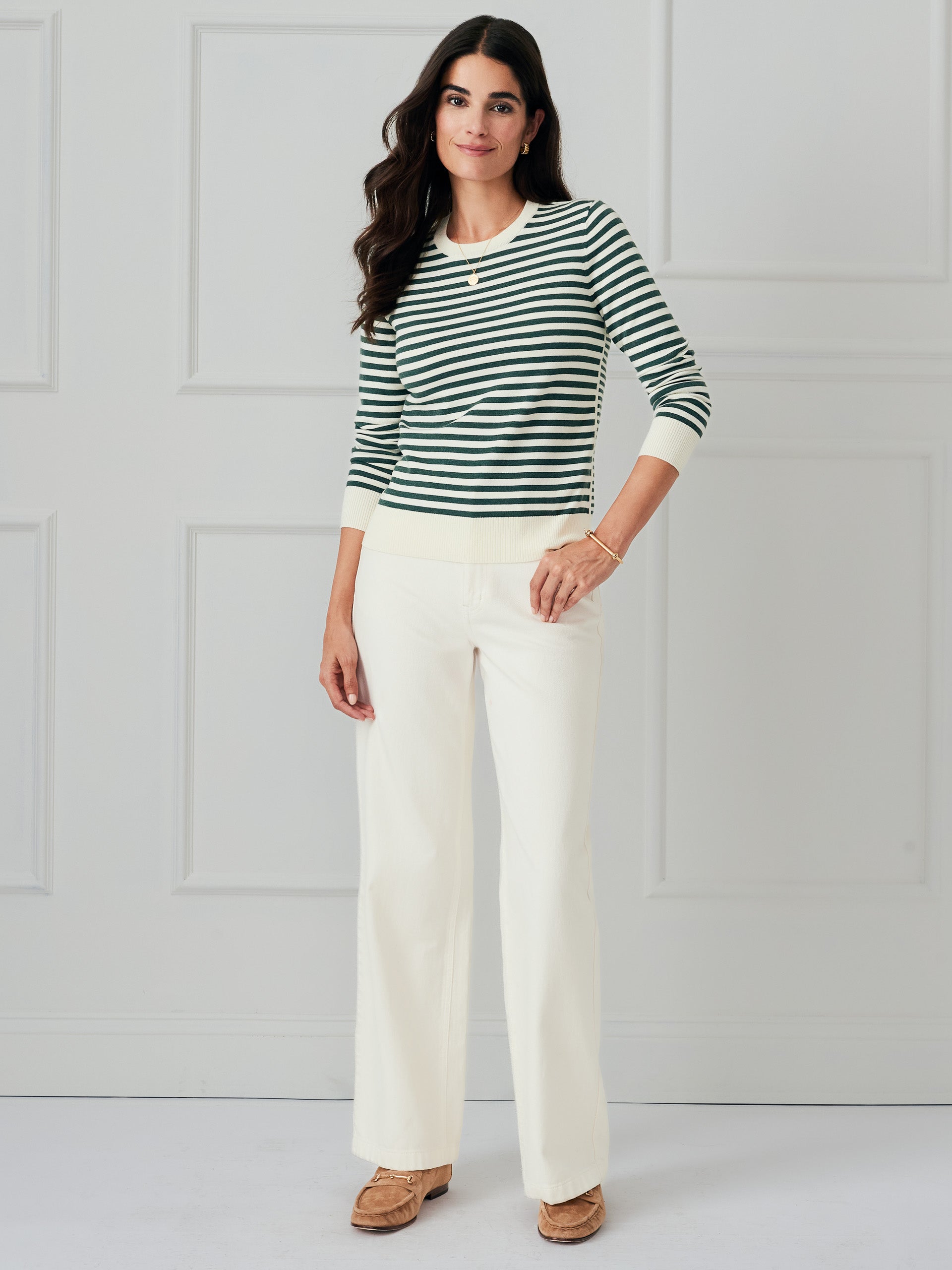J.McLaughlin Tierney sweater in off white/dark green made with cotton/modal.