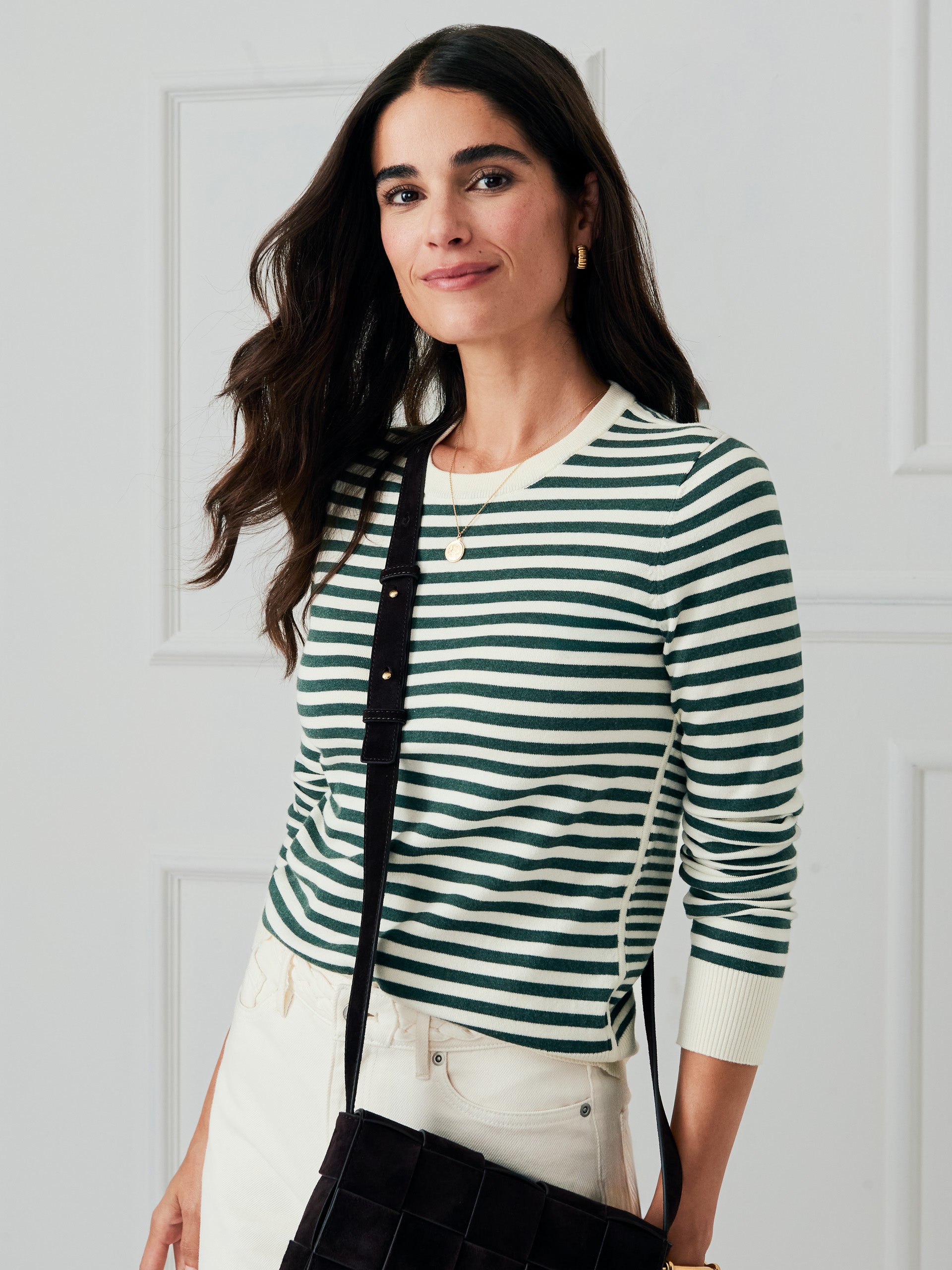 J.McLaughlin Tierney sweater in off white/dark green made with cotton/modal.