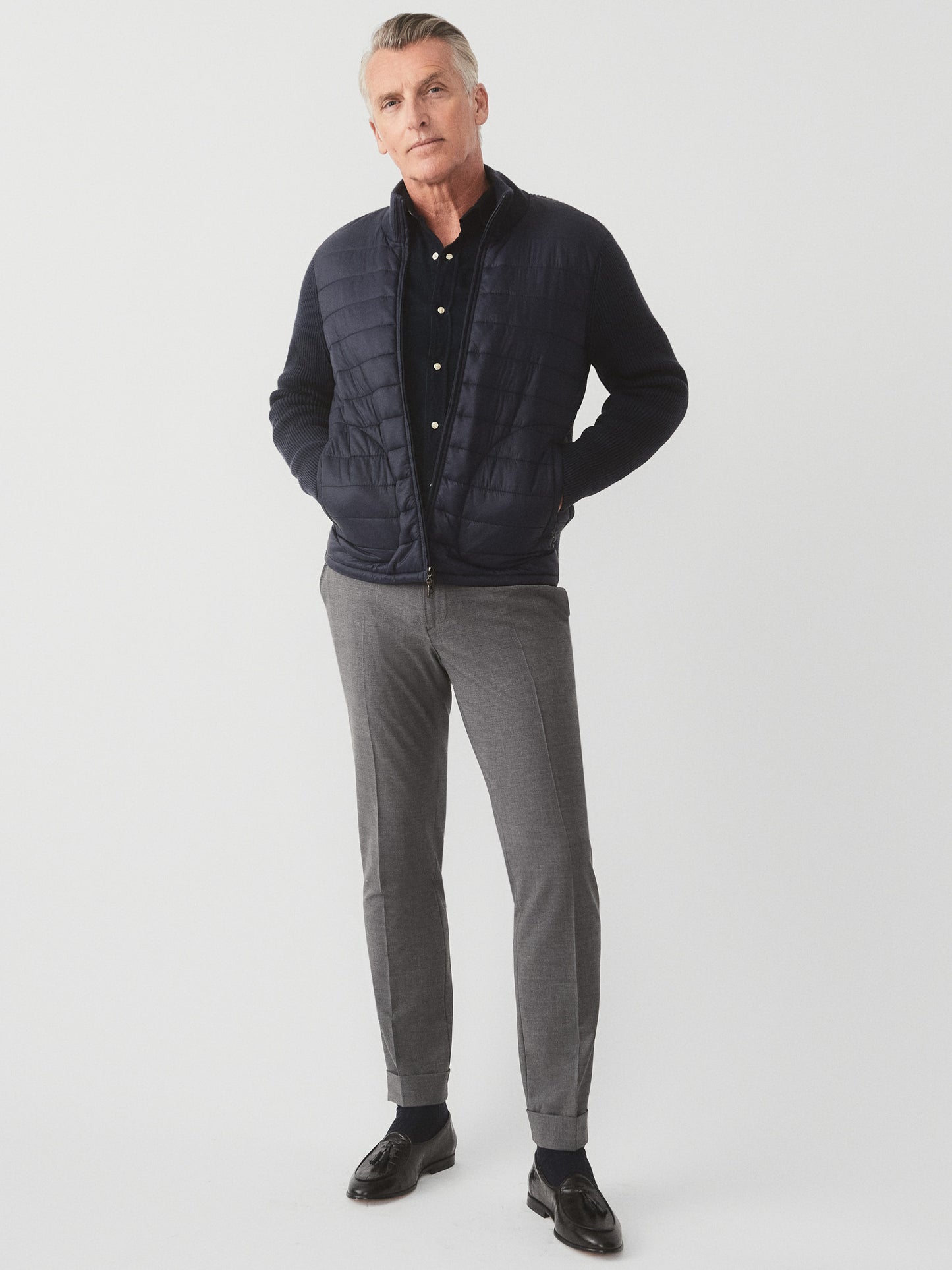 J.McLaughlin Torino zip up in navy made with nylon/cotton/modal.