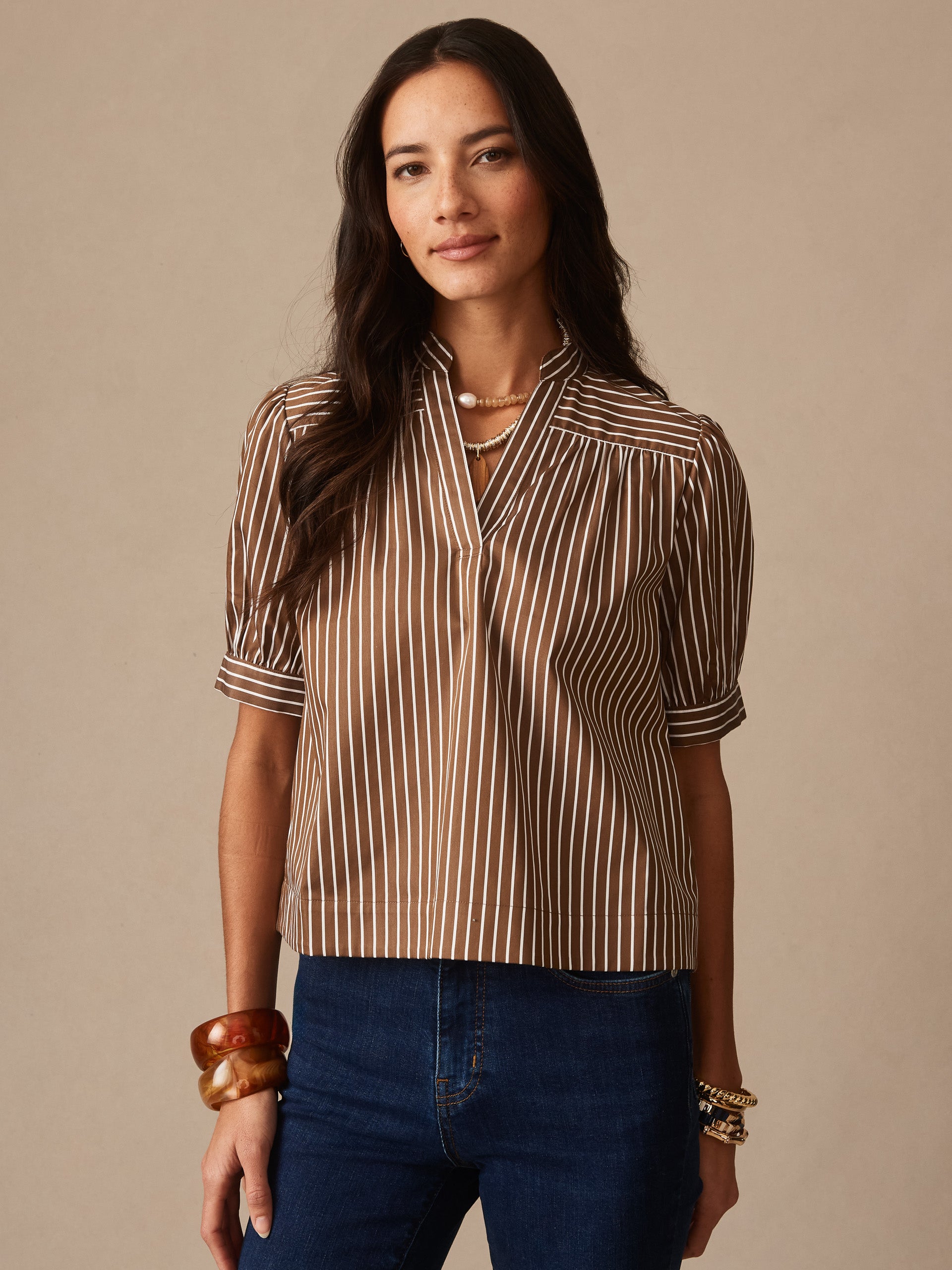 J.McLaughlin Turner blouse in brown/white made with cotton.