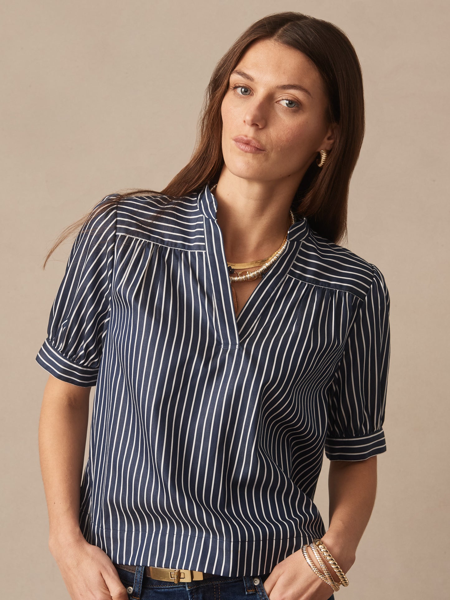 J.McLaughlin Turner top in navy/white made with cotton. 