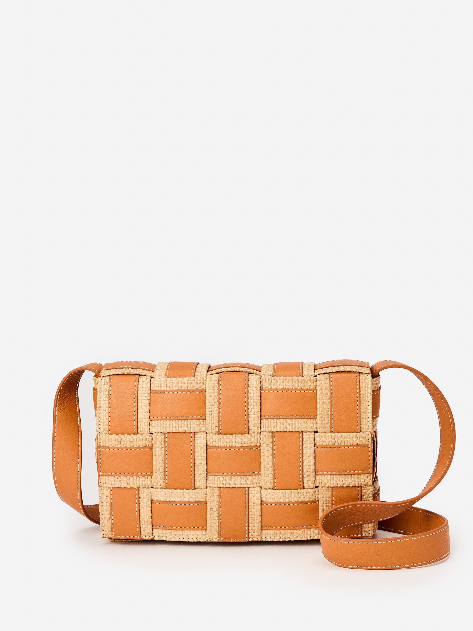 J.McLaughlin Una crossbody in brown made with leather & raffia.