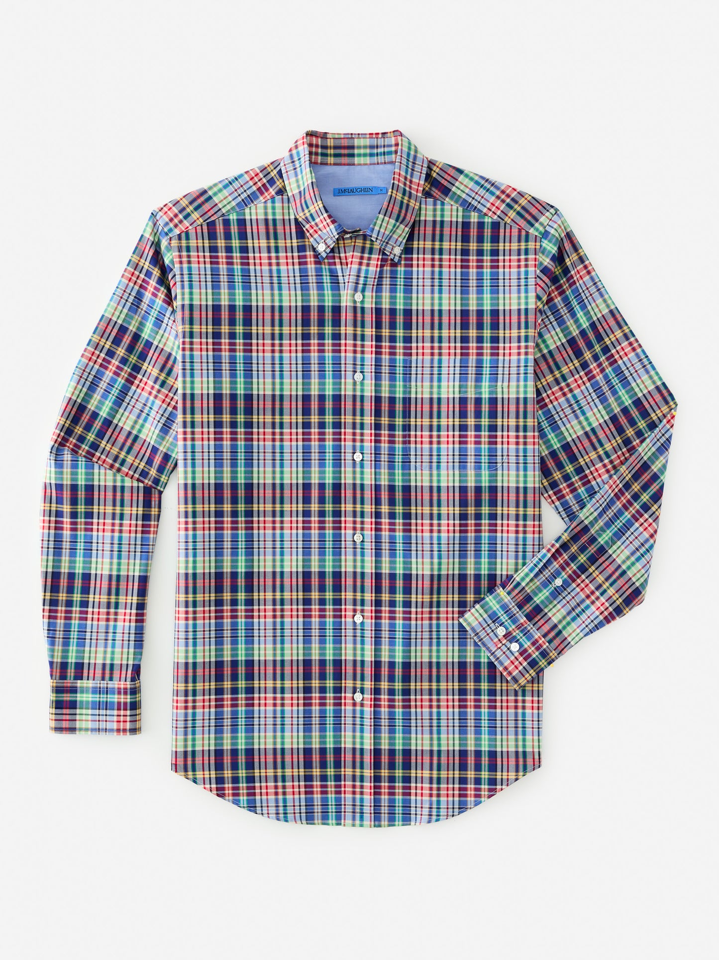 J.McLaughlin University shirt in marine/crimson/green made with cotton. 