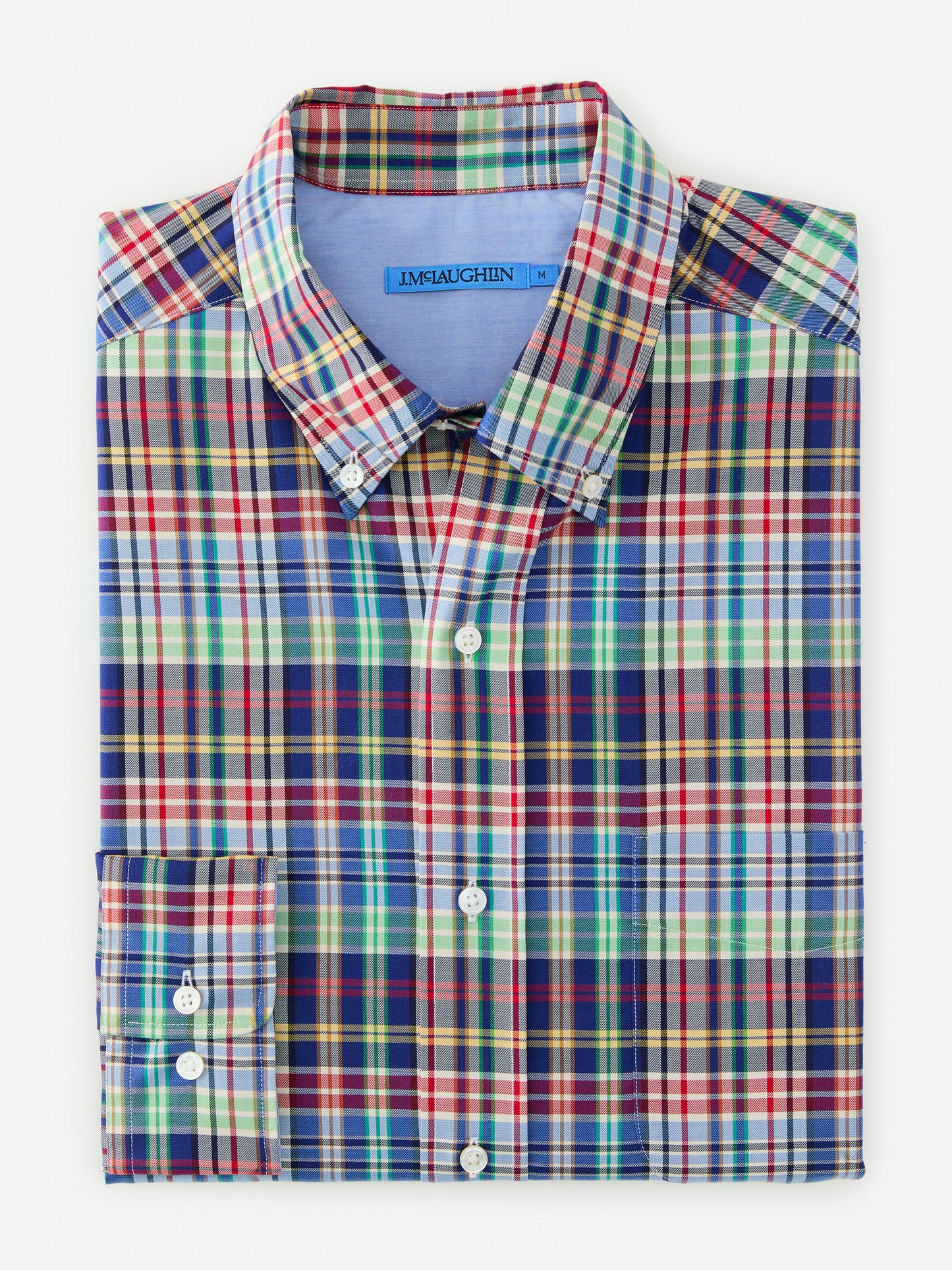 J.McLaughlin University shirt in marine/crimson/green made with cotton. 