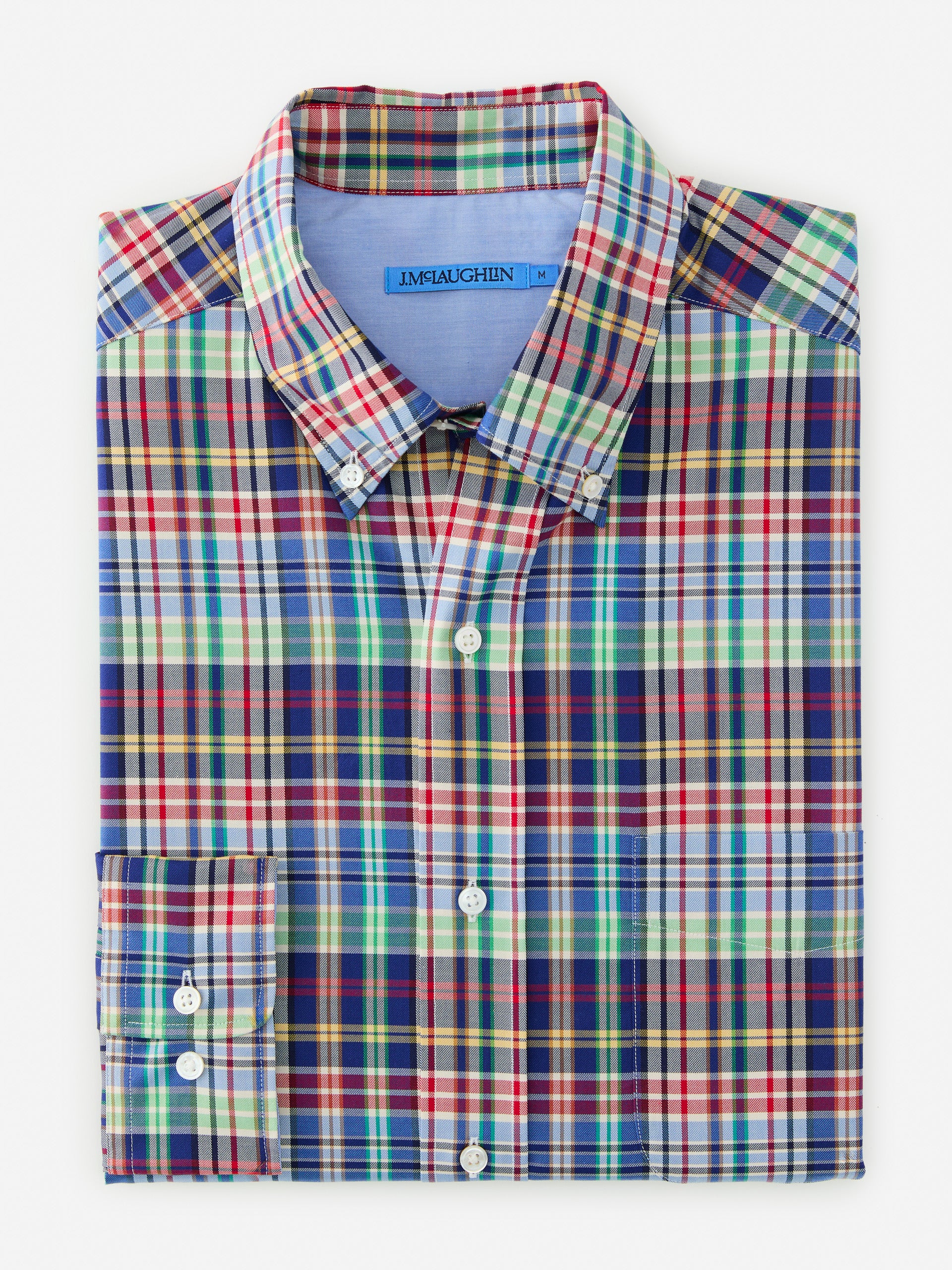 J.McLaughlin University shirt in marine/crimson/green made with cotton. 