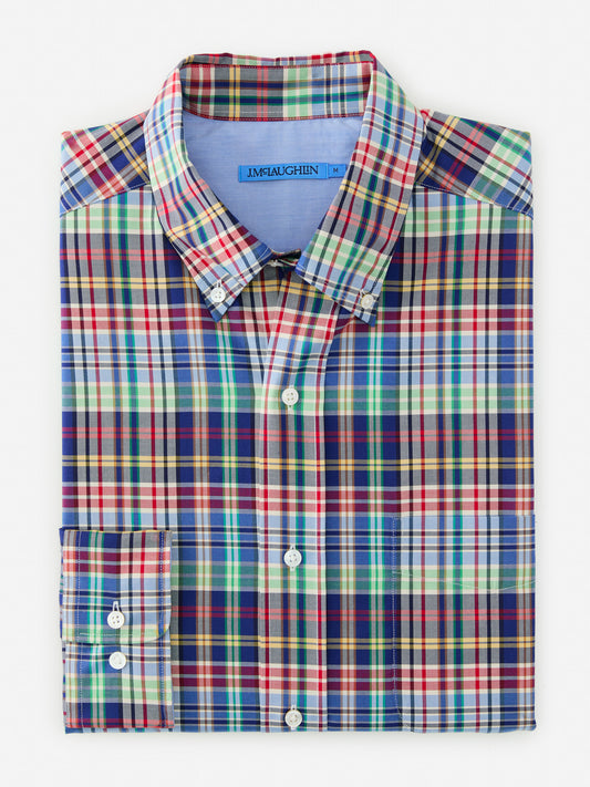 J.McLaughlin University shirt in marine/crimson/green made with cotton. 