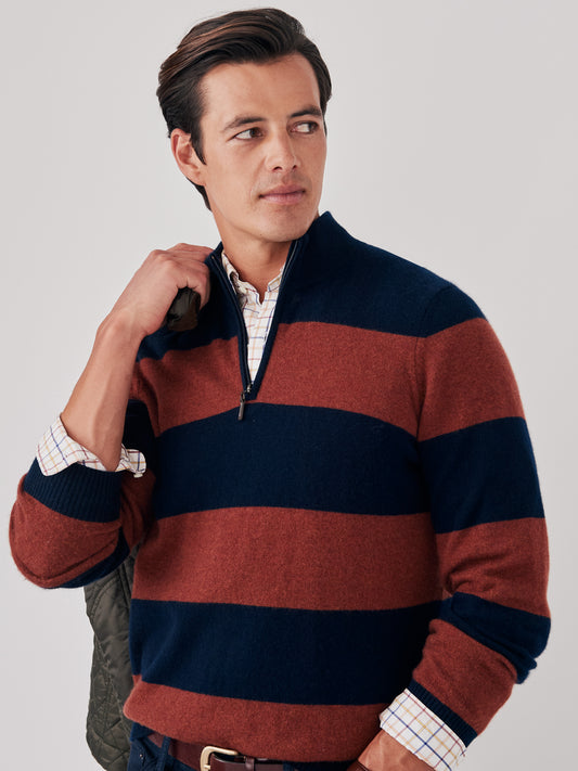 J.McLaughlin Henry 1/4 zip in navy/rust made with cashmere.