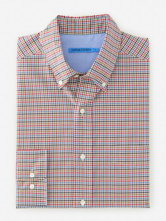 J.McLaughlin University shirt in crimson/blue/green made with cotton. 