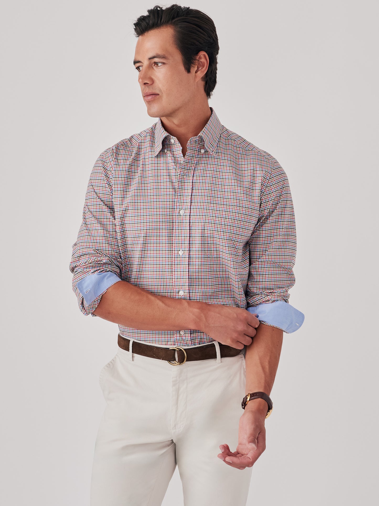 J.McLaughlin University shirt in crimson/blue/green made with cotton. 