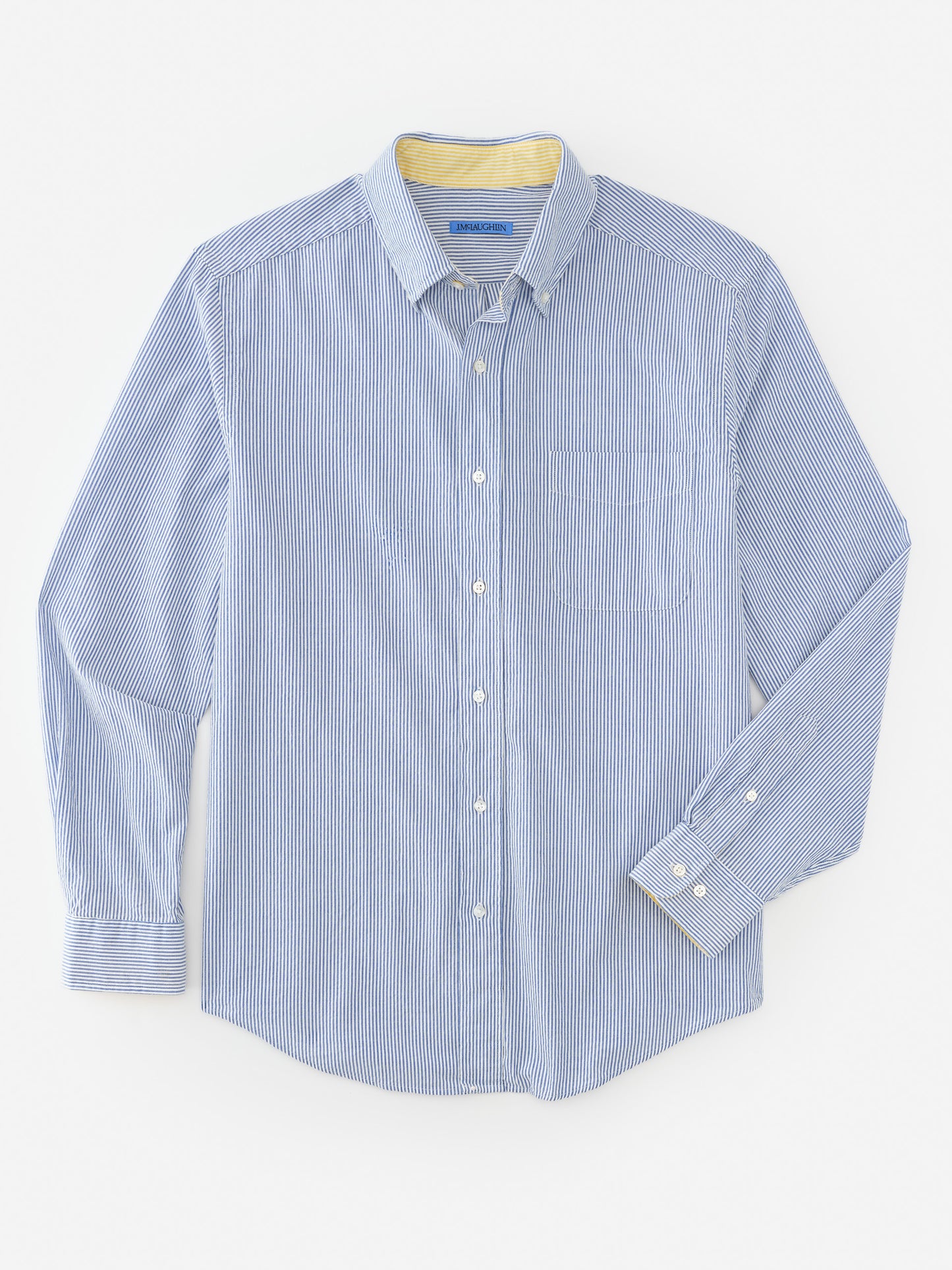 J.McLaughlin Univeristy shirt in blue/white made with cotton seersucker.