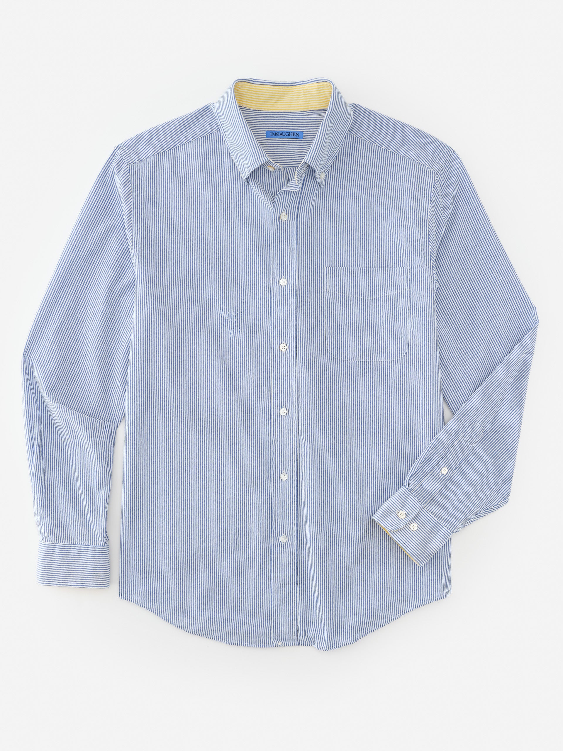 J.McLaughlin Univeristy shirt in blue/white made with cotton seersucker.