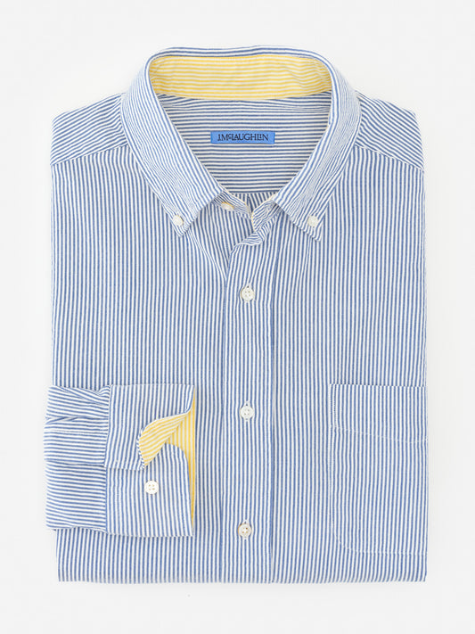 J.McLaughlin Univeristy shirt in blue/white made with cotton seersucker.
