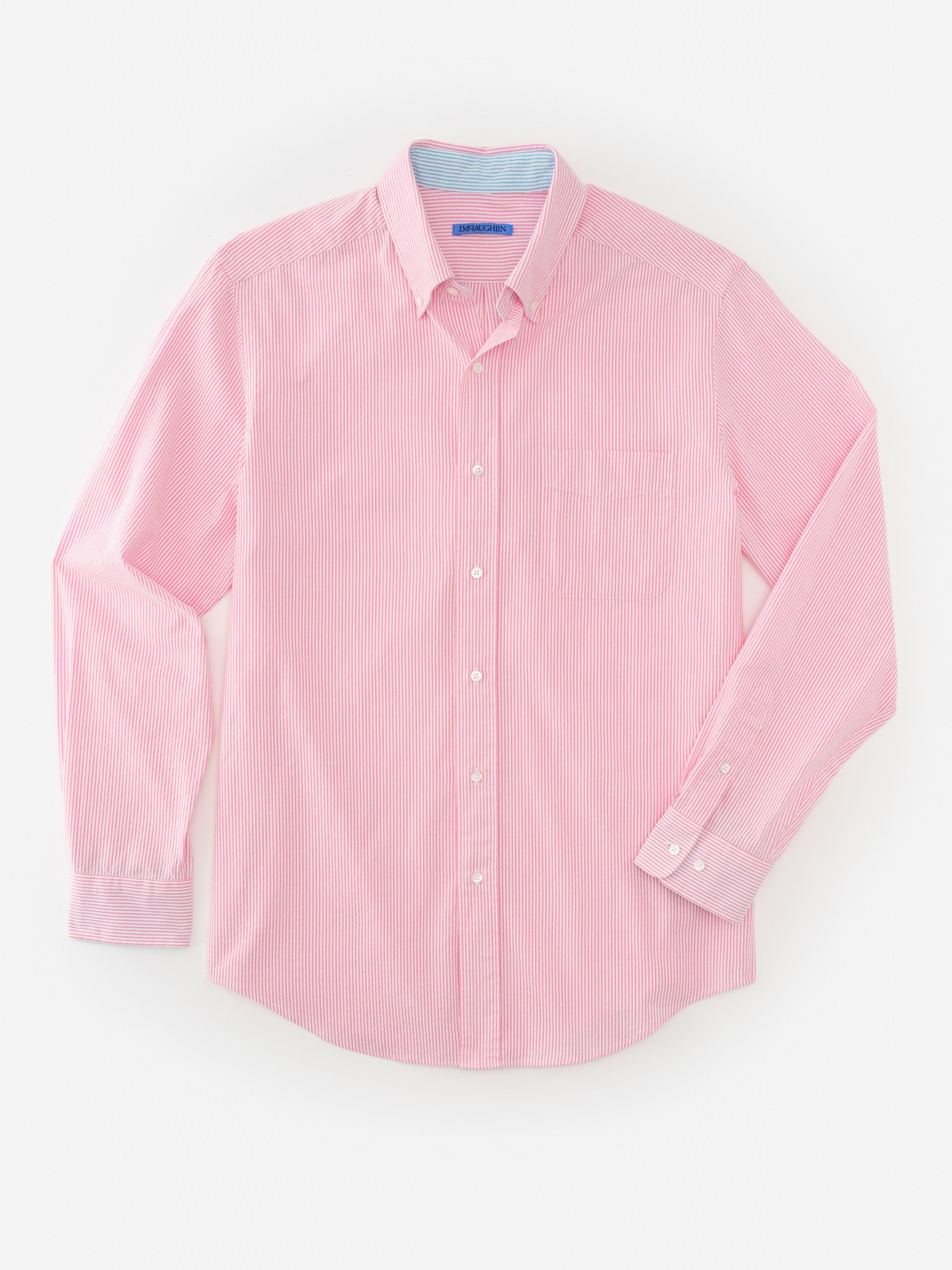 J.McLaughlin Univeristy shirt in pink/white made with cotton seersucker.