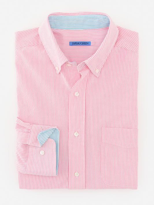J.McLaughlin Univeristy shirt in pink/white made with cotton seersucker.