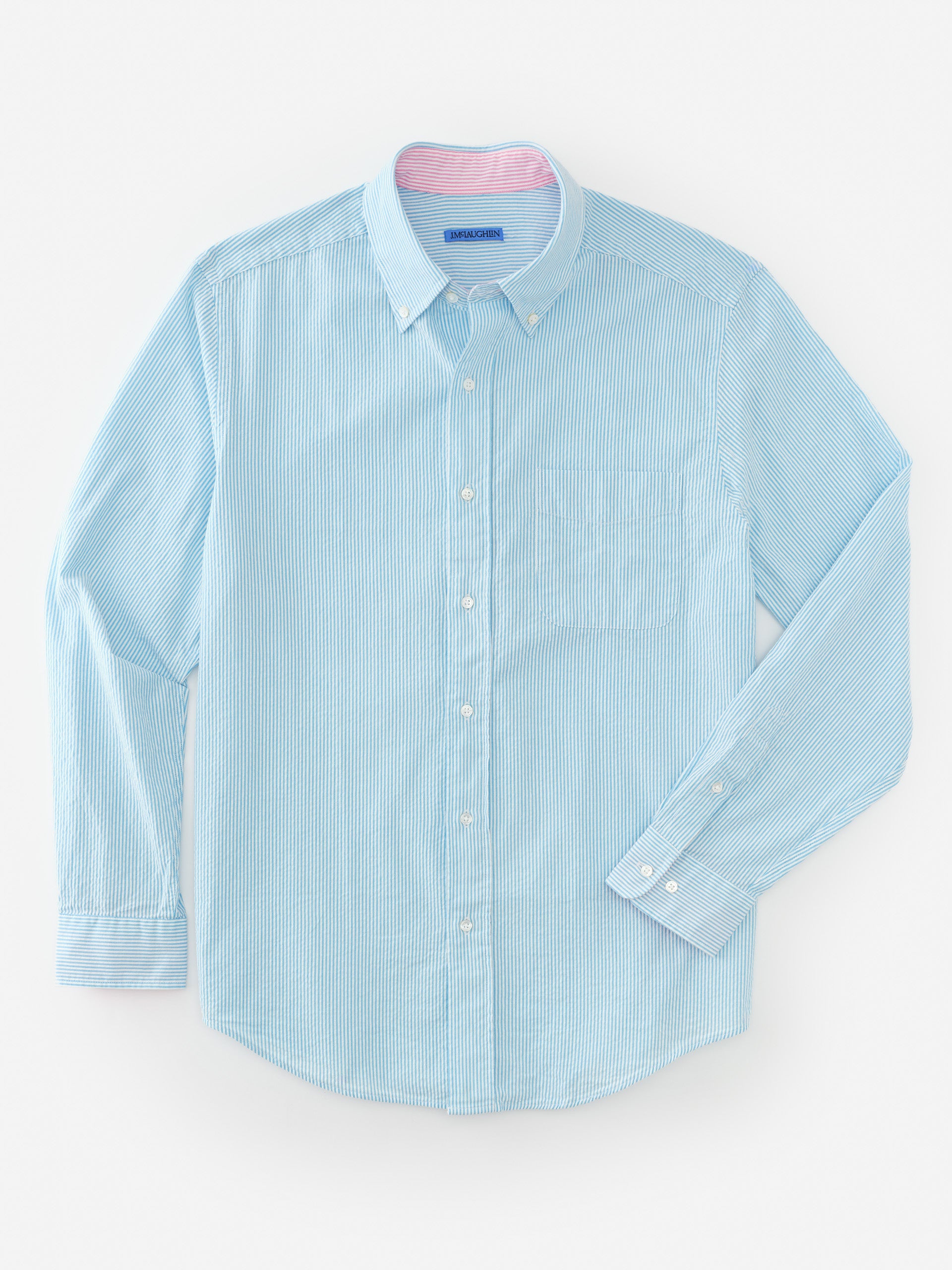 J.McLaughlin Univeristy shirt in teal/white made with cotton seersucker.
