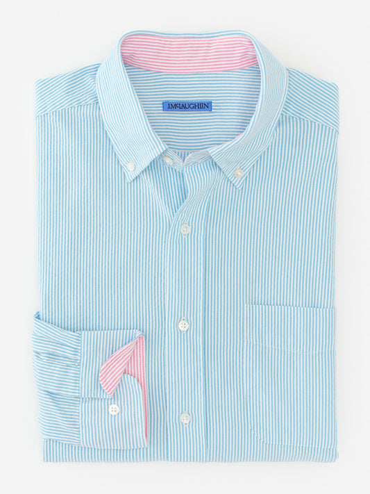 J.McLaughlin Univeristy shirt in teal/white made with cotton seersucker.