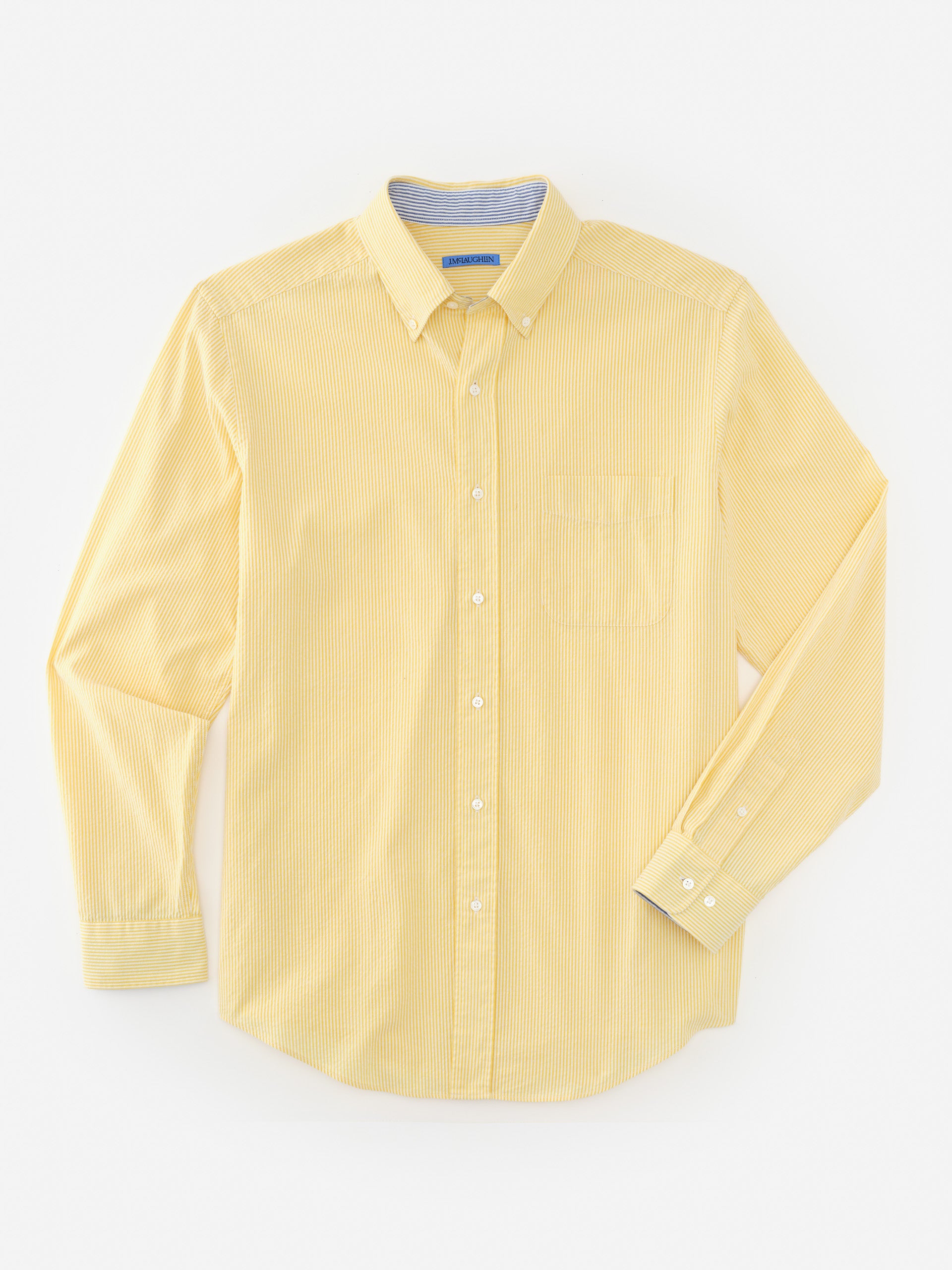 J.McLaughlin Univeristy shirt in yellow/white made with cotton seersucker.