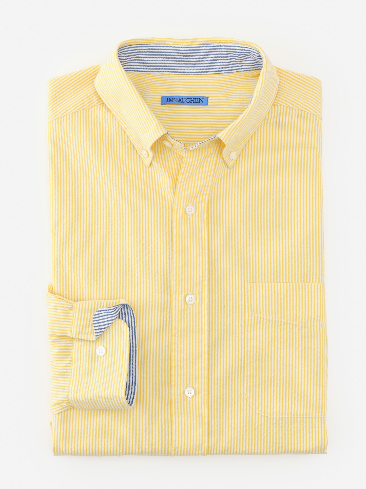 J.McLaughlin Univeristy shirt in yellow/white made with cotton seersucker.