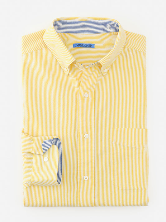 J.McLaughlin Univeristy shirt in yellow/white made with cotton seersucker.