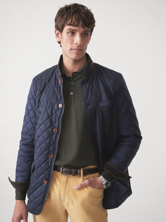 Model wearing J.McLaughlin Upland jacket in navy made with nylon.