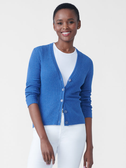 Model wearing J.McLaughlin Val cardigan in heather chambray made with cotton/modal.