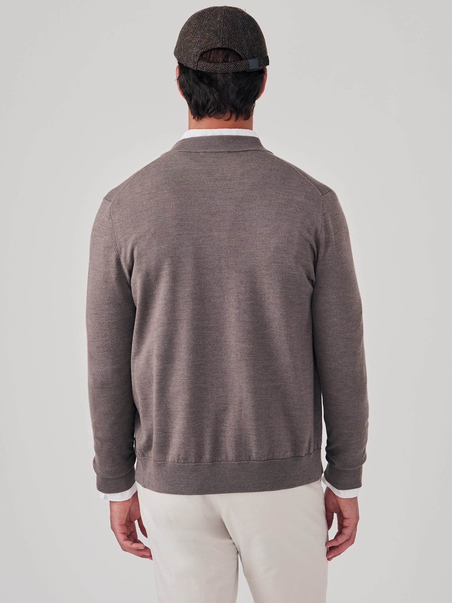 J.McLaughlin Varsity cardigan in heather fox brown made with merino wool and silk.
