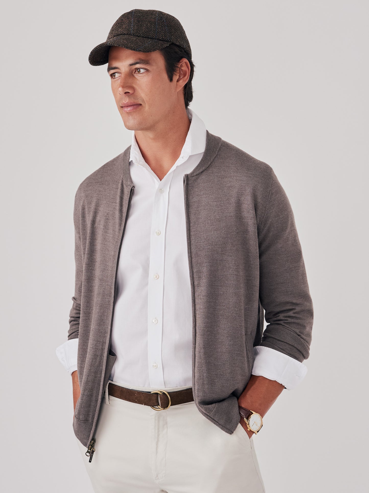 J.McLaughlin Varsity cardigan in heather fox brown made with merino wool and silk.