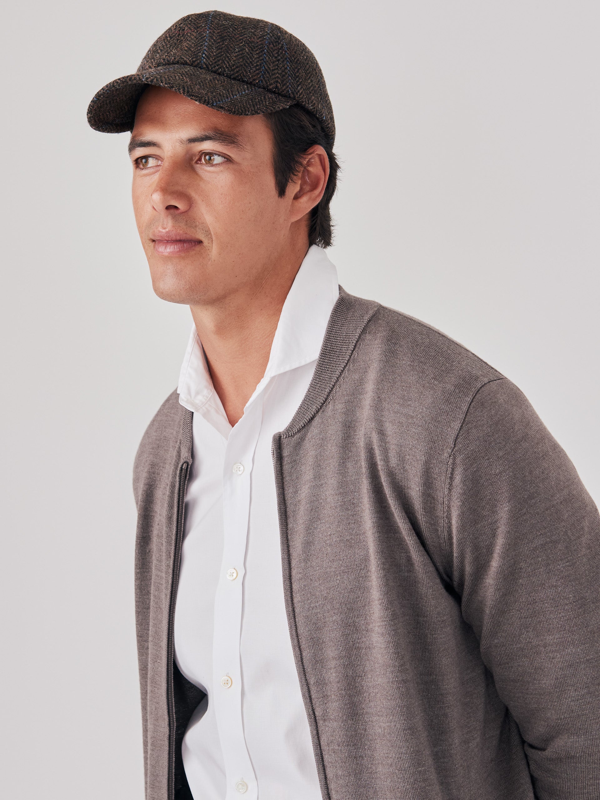J.McLaughlin Varsity cardigan in heather fox brown made with merino wool and silk.