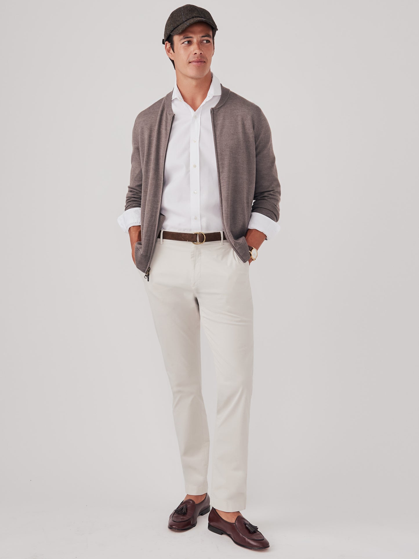 J.McLaughlin Varsity cardigan in heather fox brown made with merino wool and silk.