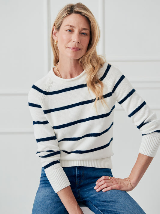 J.McLaughlin Vaughn sweater in egret white/navy made with cotton.