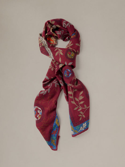 Vernon Scarf in Regent Medallion Scarf burgundy cashmere silk blend scarf by J.McLaughlin with floral and medallion motifs styled in a relaxed drape