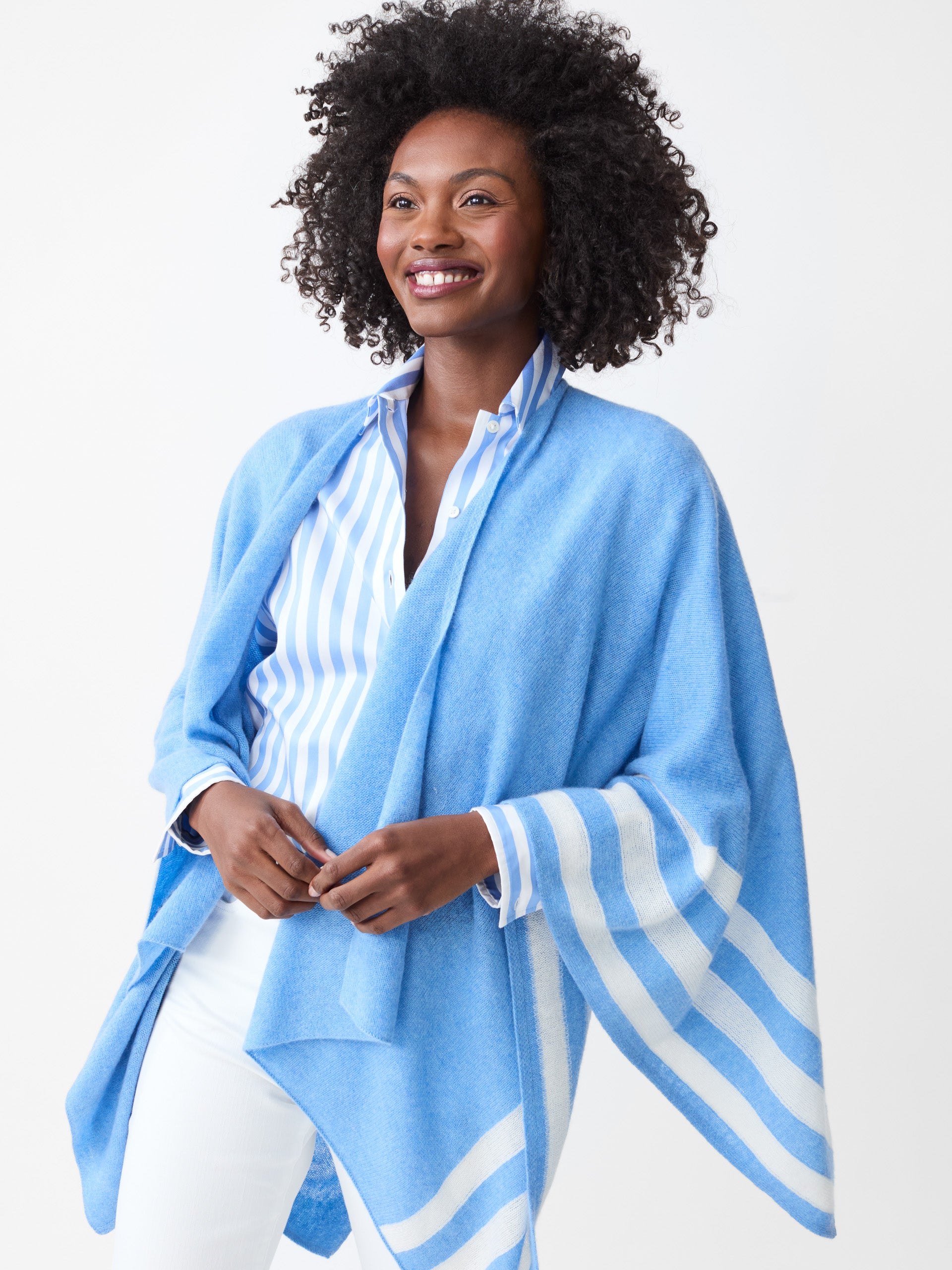 J.McLaughlin Veronique shawl in medium blue/off white made with Cashmere.